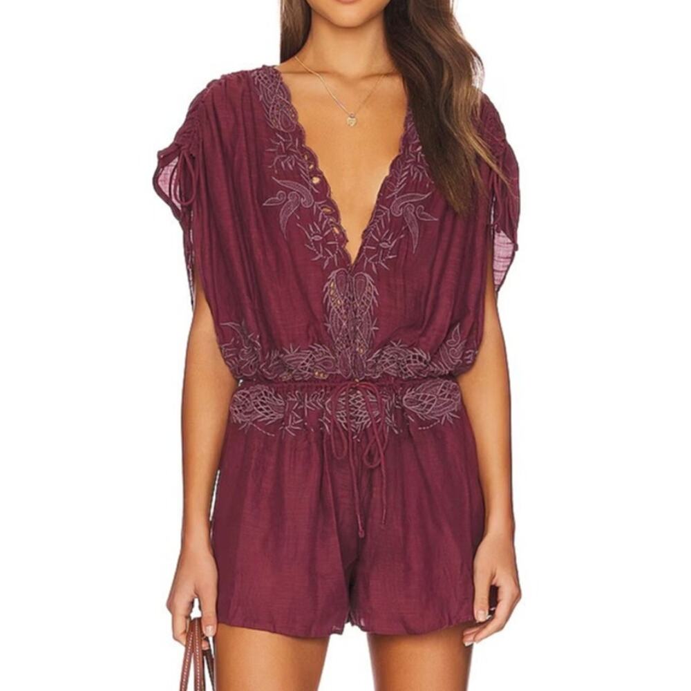 Free People Weila Romper Shorts Dainty Embroidered Filigree Tie Wasit NEW Small